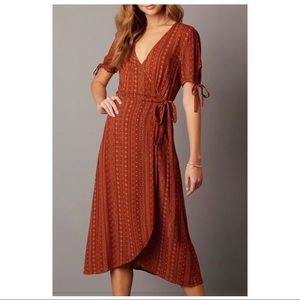 Lulus Boho Tabatha Rust Orange Print Tribal-Pattern Wrap Midi Dress , XL